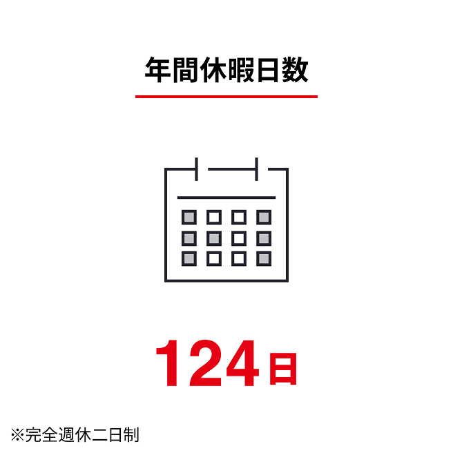 年間休暇日数 : 124日 ※完全週休二日制