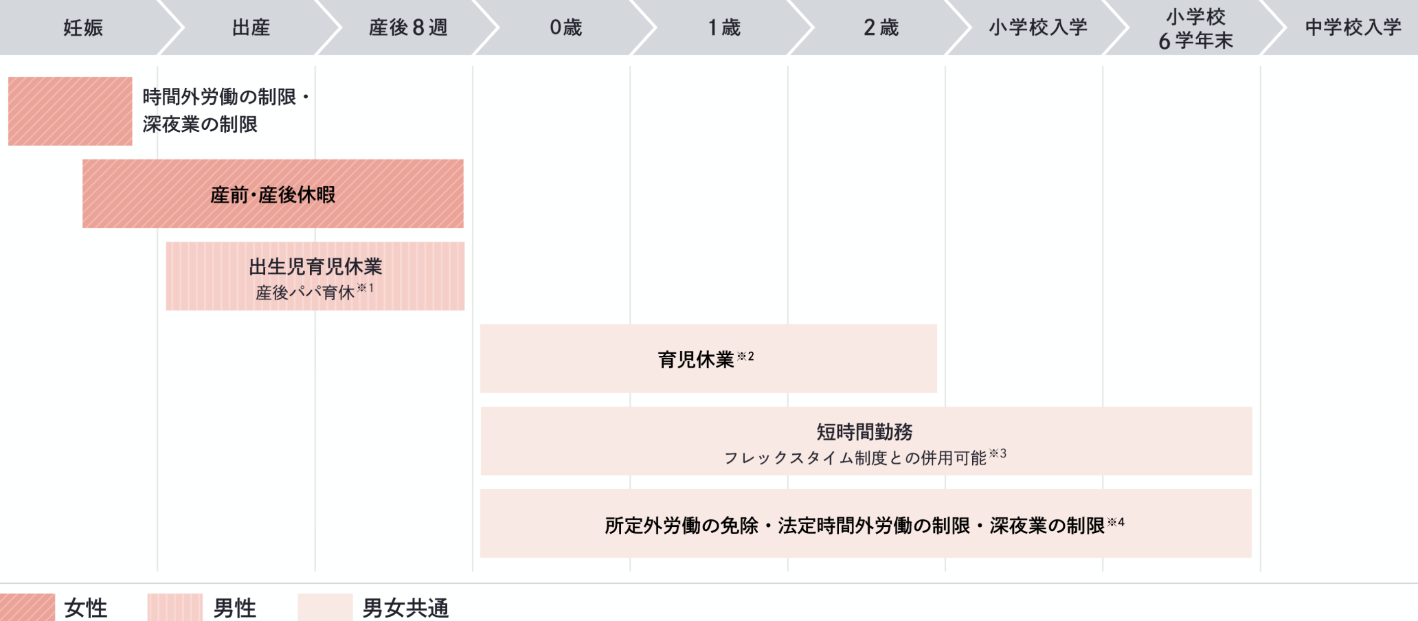 女性は妊娠期に時間外労働の制限・深夜業の制限、産前から産後8週にかけて産前・産後休暇を取得可能です。男性は出産時から産後8週まで出生時育児休業（産後パパ育休[※1]）を取得可能です。また、男女共通で0〜2歳まで育児休業[※2]を、0歳〜小学校6学年末まで短時間勤務（フレックスタイム制度との併用可能[※3]）を、それぞれ取得可能です。この他にも小学校6学年末までは所定外労働の免除・法定時間外労働の制限・深夜業の制限[※4]も申請可能です。